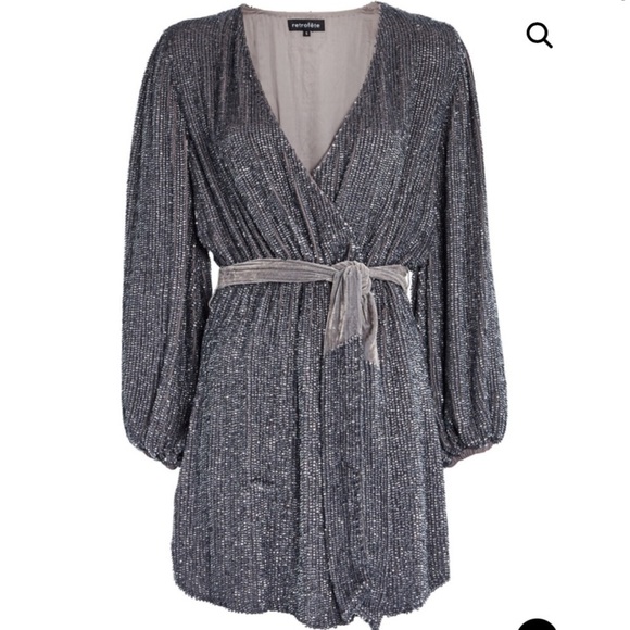 Retrofete dress long sleeve mini silver robe dress Taylor Swift gunmetal new xs - Picture 11 of 11